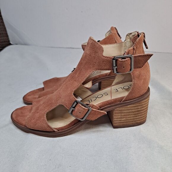 Sole Society Shoes - Sole Society Tonni Sandals Womens 7M Brown Suede Cutout Block Heel Rear Zip